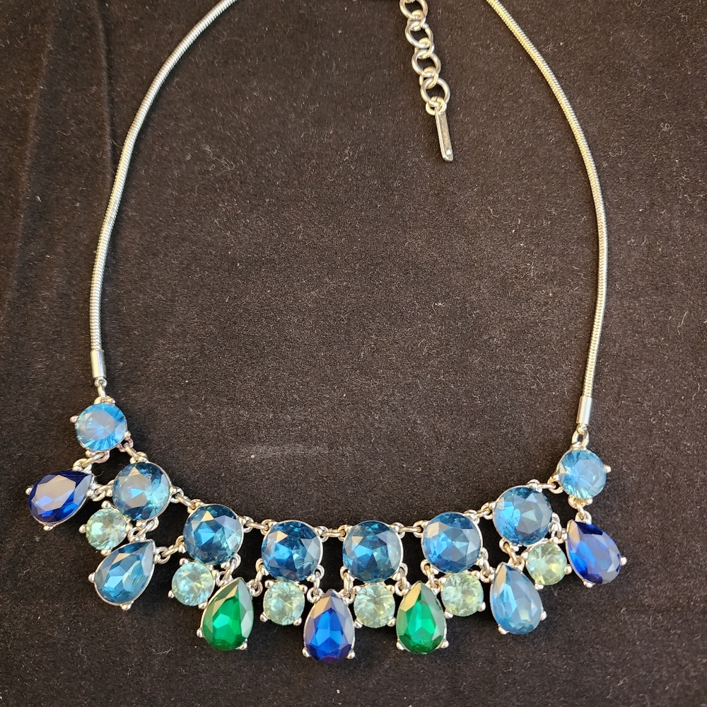 Nine West Blue Green Jeweled Rhinestone Bib Choker Necklace